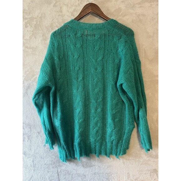Anthropologie Wool Sweater Women's M Green Aqua Nylon Open Knit Chewed Hem - Picture 2 of 6